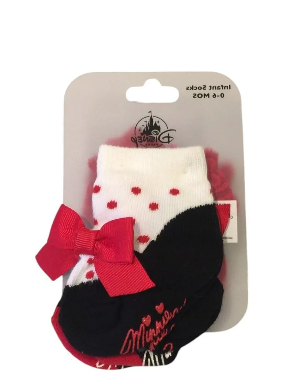 Disney Parks Infant Minnie Mouse Socks Size 0-6 Months Set of 2 Red Black White